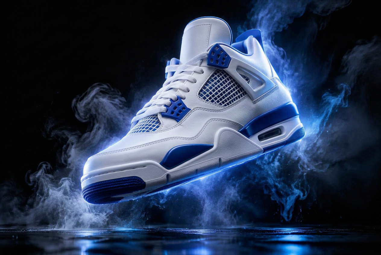 Cinematic AI-generated sneaker advertisement with electric blue light